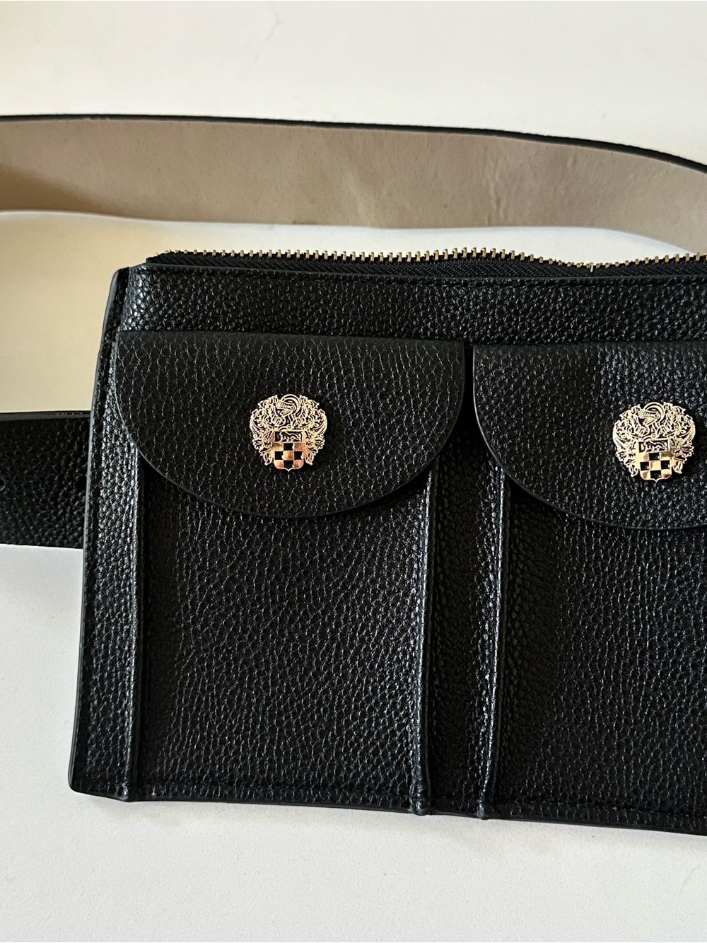 Vince Camuto Black Dual-Pocket Leather Belt Bag with Gold Emblems